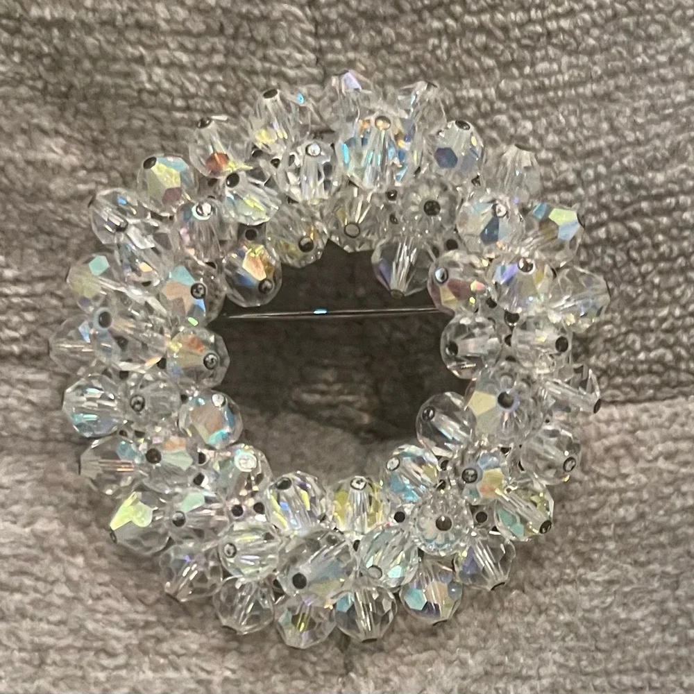 Vintage Clear Round Aura Borealis Crystal Silver Brooch
